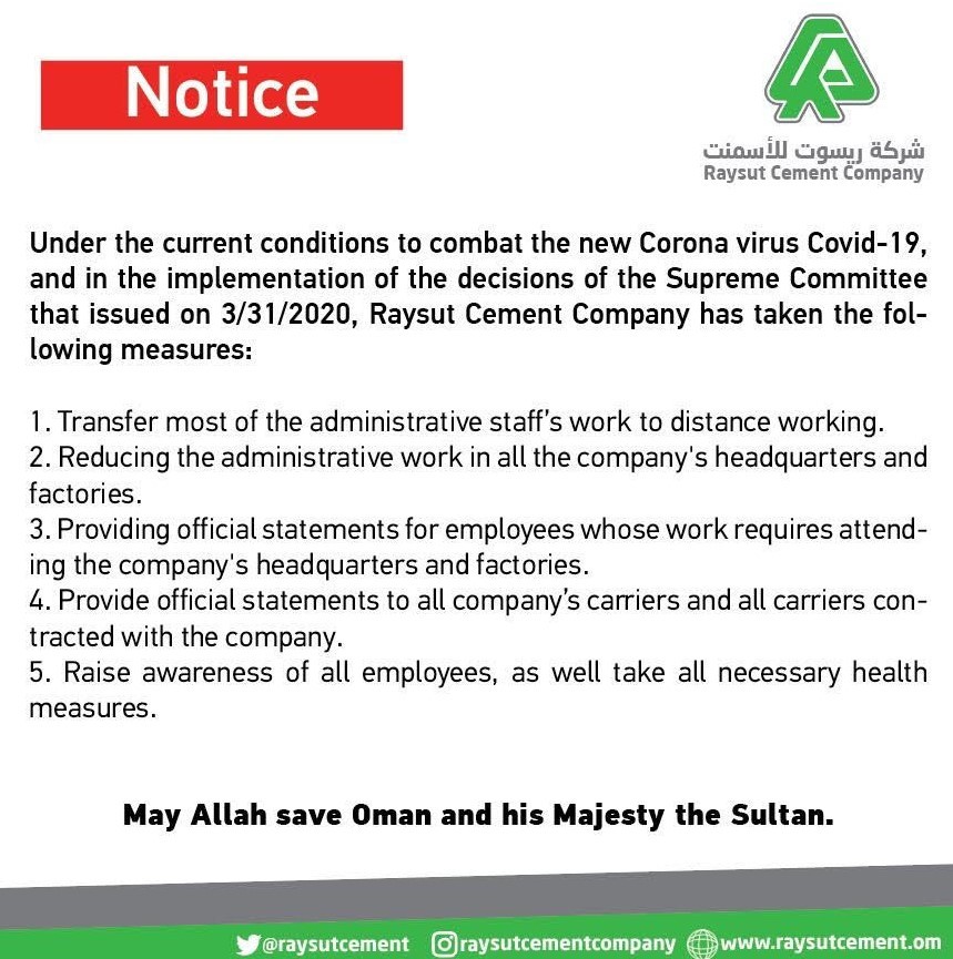 Raysut Cement takes new measures to deal with the Corona Virus pandemic